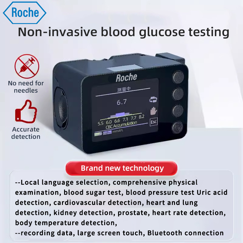 Seleção portuguesa, exame físico completo, medição de glicemia, medição de pressão arterial, teste de ácido úrico, teste cardiovascular, teste cardiopulmonar, teste renal, próstata, teste de pulso, teste de temperatura corporal, registro de dados, tela grande sensível ao toque, conexão Bluetooth